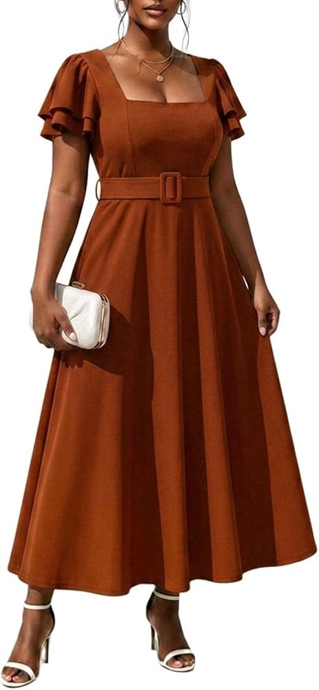 Ekaliy Women's Square Neck Ruffle Sleeve Belted Fit and Flared Maxi Dress | Amazon (US)