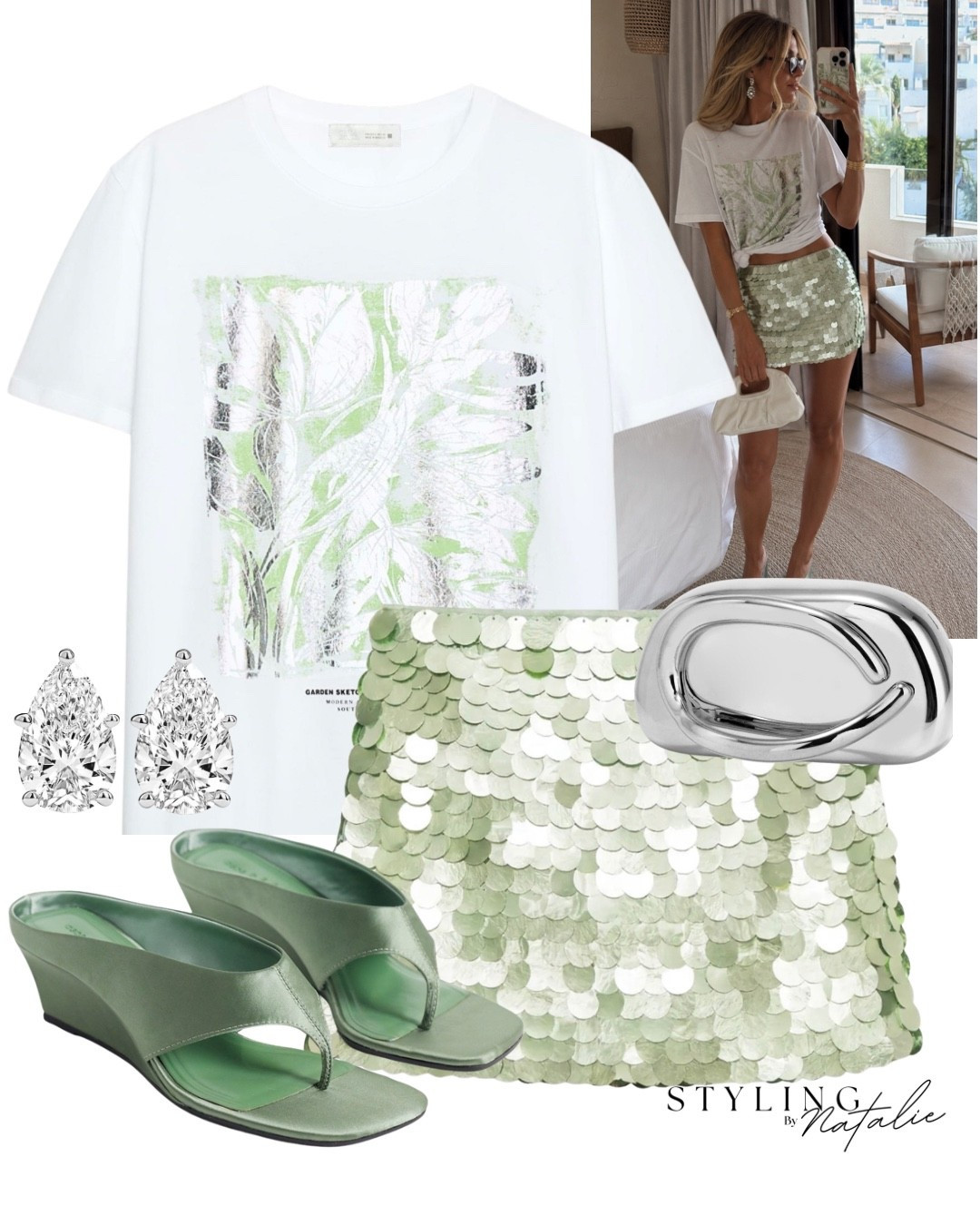 Summer sequins ✨
Foil print graphic t-shirt, green sequin mini skirt, green satin wedge mules. Chrome clutch and pear shape diamond earrings.
🏷️ casual chic, date night, summer outfit, holiday evening look, fashion over 30, Ibiza style, beach club

#LTKsummer #LTKuk #LTKpartywear