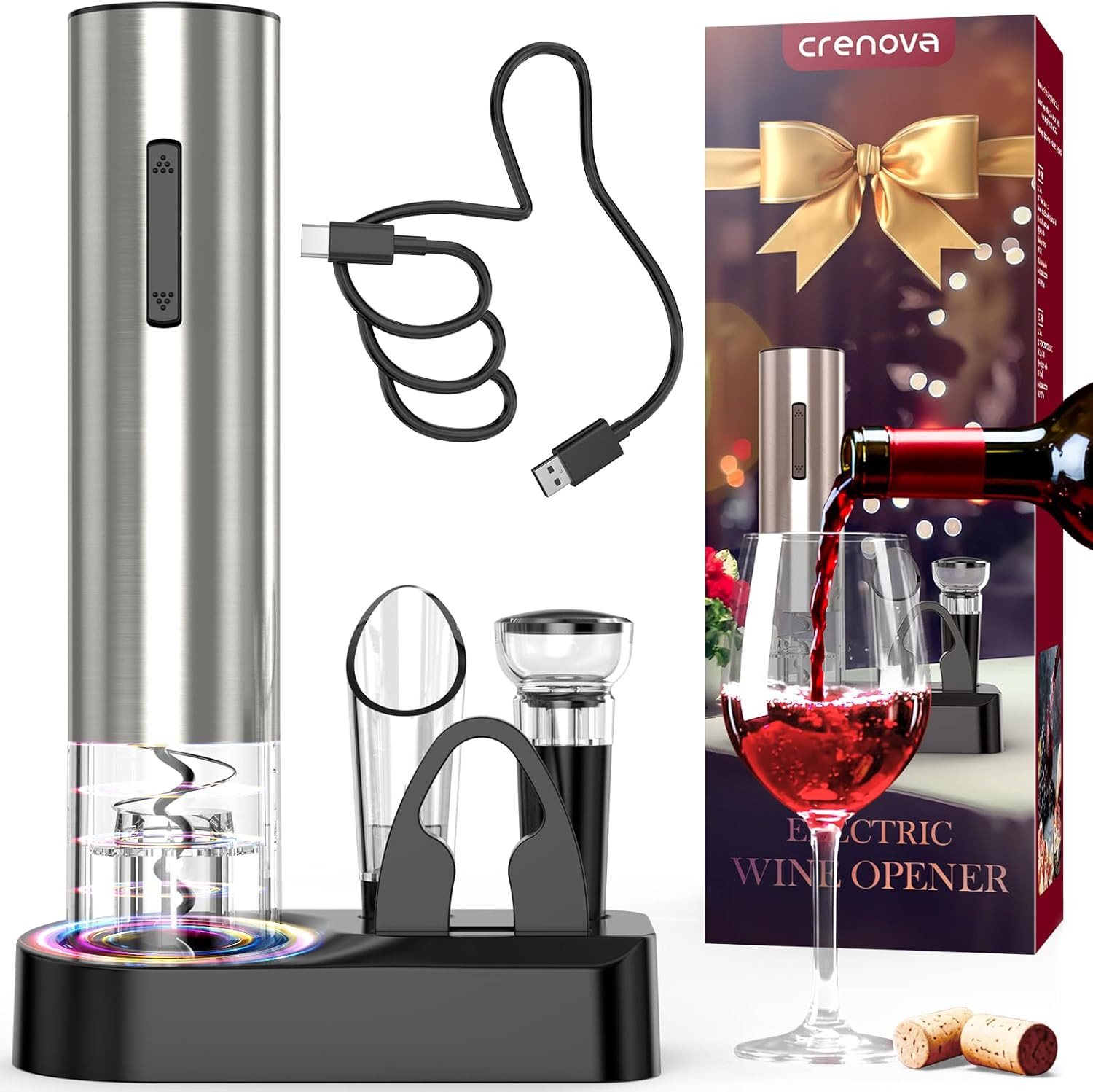 Crenova Wine Opener Electric, Rechargeable Wine Bottle Opener, Automatic Corkscrew with Vacuum St... | Amazon (US)