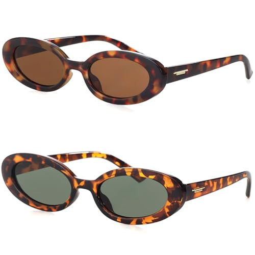 Teumire Retro Oval Sunglasses for Women Men Tiny Narrow 90s Style Small Sun Glasses 2 Pack(Leopard+Tortoise/G15) | Amazon (US)