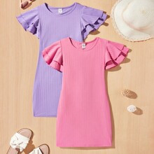 pcsSet Tween Girl Knit Ribbed Casual Double Layer Ruffle Short Sleeve Dress With Round Neckline | SHEIN