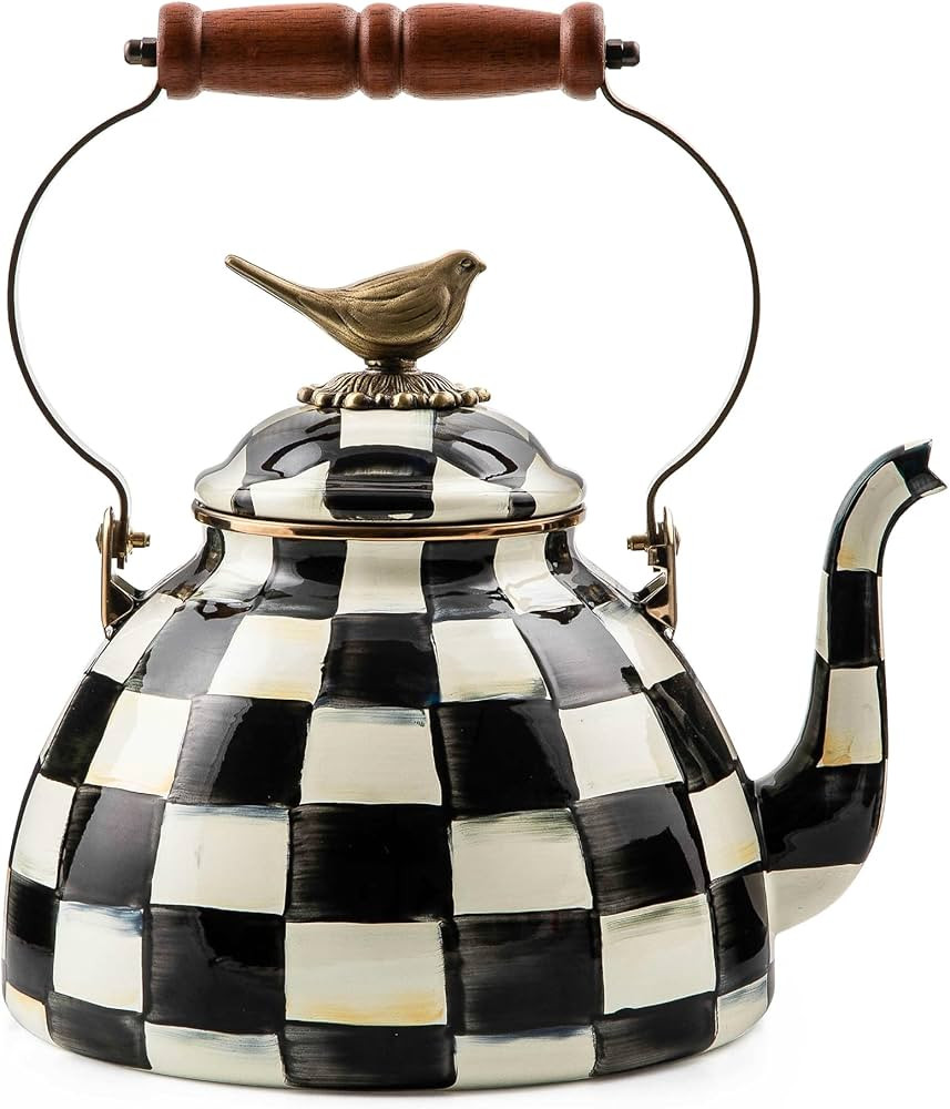 MacKenzie-Childs Courtly Check Enamel Tea Kettle with Bird Topper, Stovetop Kettle, Tea Accessori... | Amazon (US)