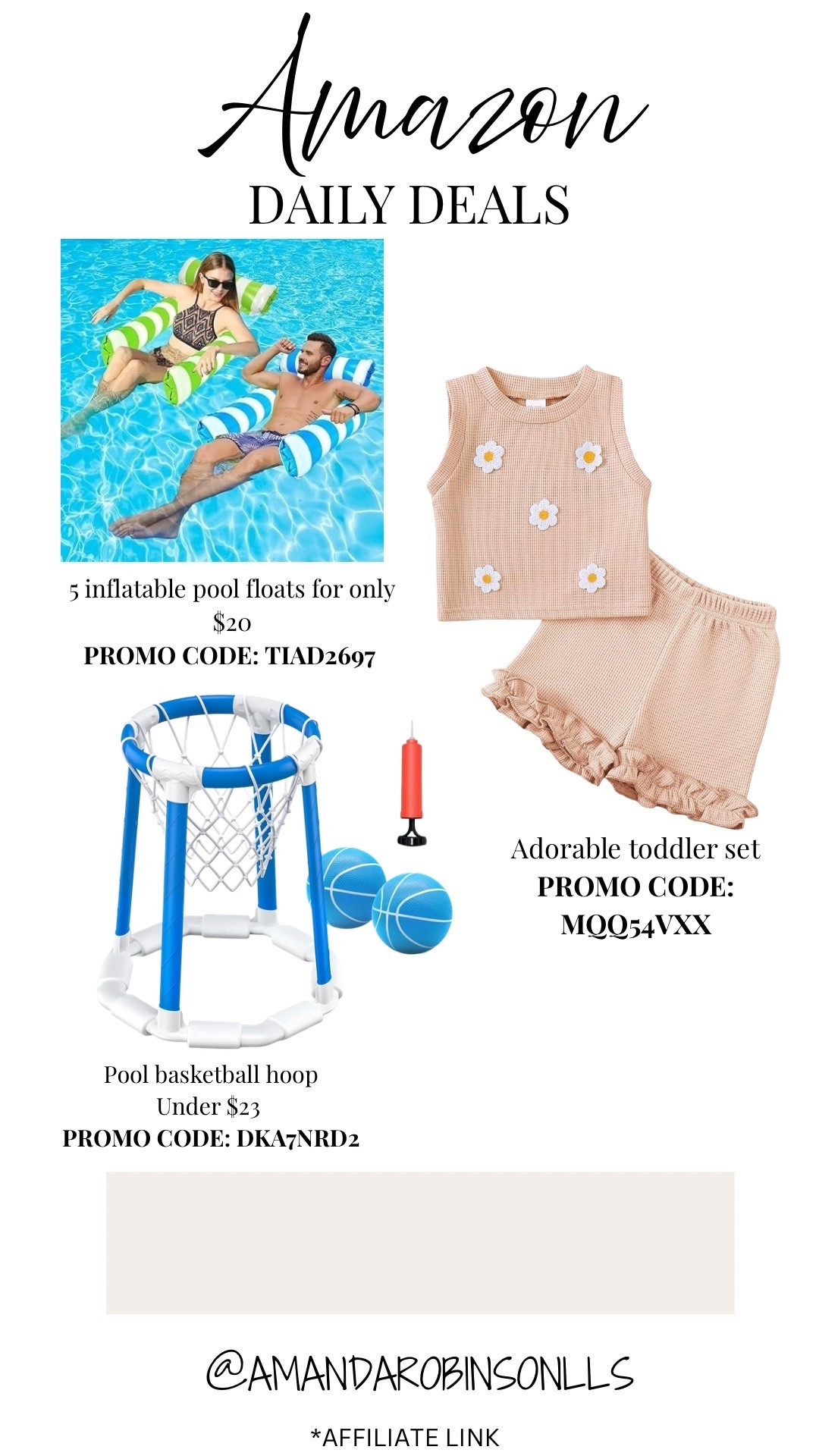 Amazon daily deals
Inflatable pool floats
Pool basketball hoop
Toddler outfit 

#LTKSwim #LTKSaleAlert #LTKKids