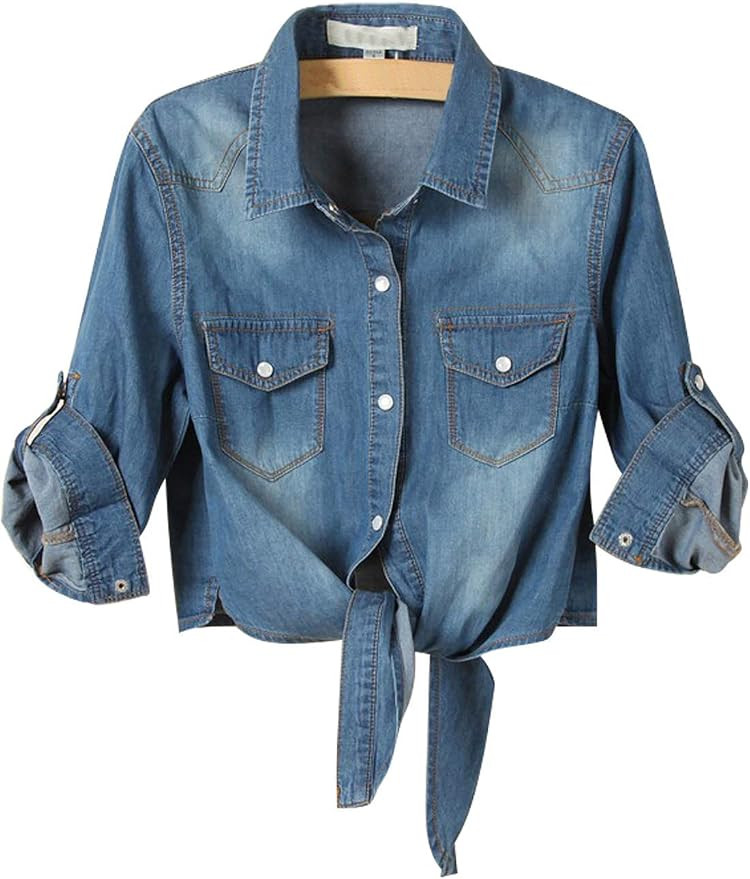 AMEBELLE Women's Roll Up 3/4 Sleeve Tie Front Knot Shirt Chambray Denim Crop Top | Amazon (US)
