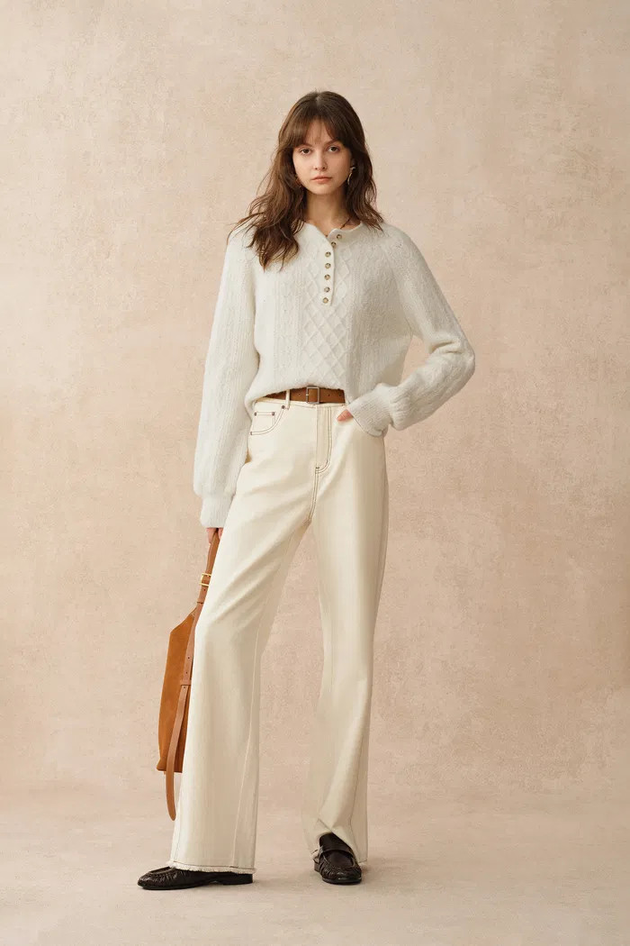 Cersei Hand Work Henley Cable Pattern Sweater in Merino Wool | Fabrique