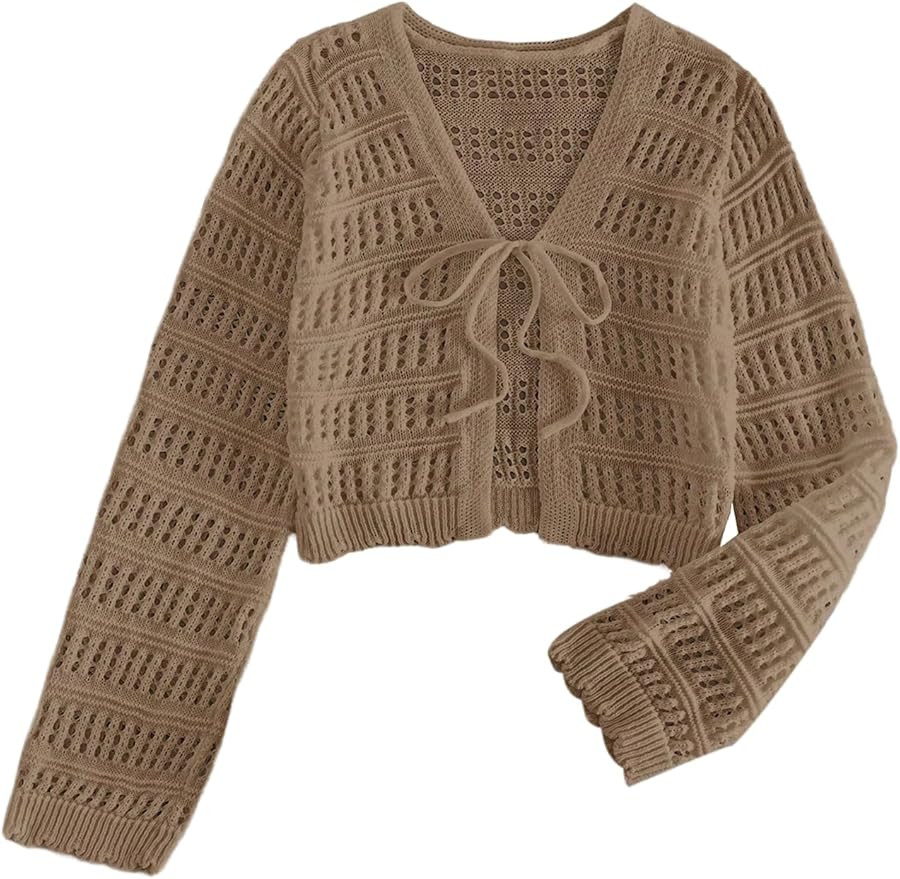 SHENHE Women's Tie Front Hollow Out Cover Up Summer Boho Knit Cardigan Crop Tops | Amazon (US)