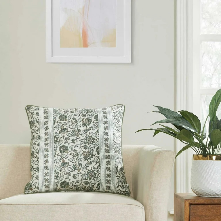 Better Homes & Gardens 20" x 20" Sage Green Block Print Floral Reversible Cotton Decorative Pillo... | Walmart (US)