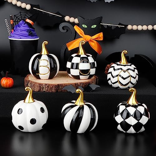 6 PCS Ceramic Pumpkins for Halloween Decor, Black and White BOO Pumpkins for Table, Tiered Tray, Desk and Mantel Decorating- Indoor Halloween Decorations for Home | Amazon (US)