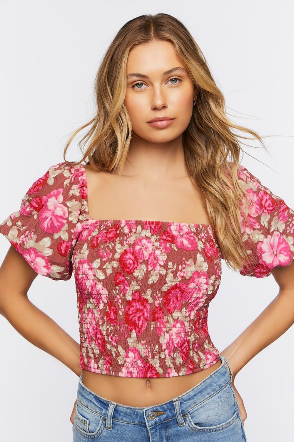 Floral Shirred Puff Sleeve Crop Top | Forever 21 | Forever 21 (US)