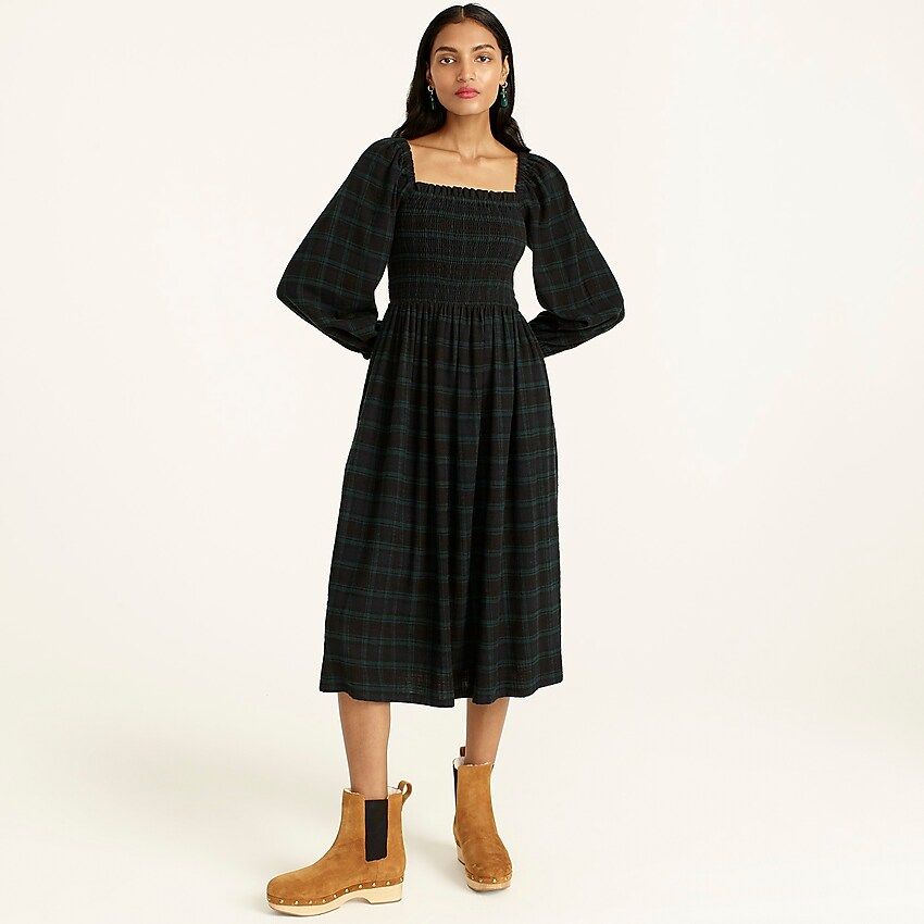 Smocked puff-sleeve dress in Black Watch tartan flannel | J.Crew US