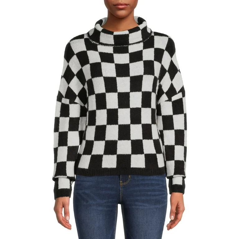 No Boundaries Junior's Plaid Mock Neck Sweater - Walmart.com | Walmart (US)