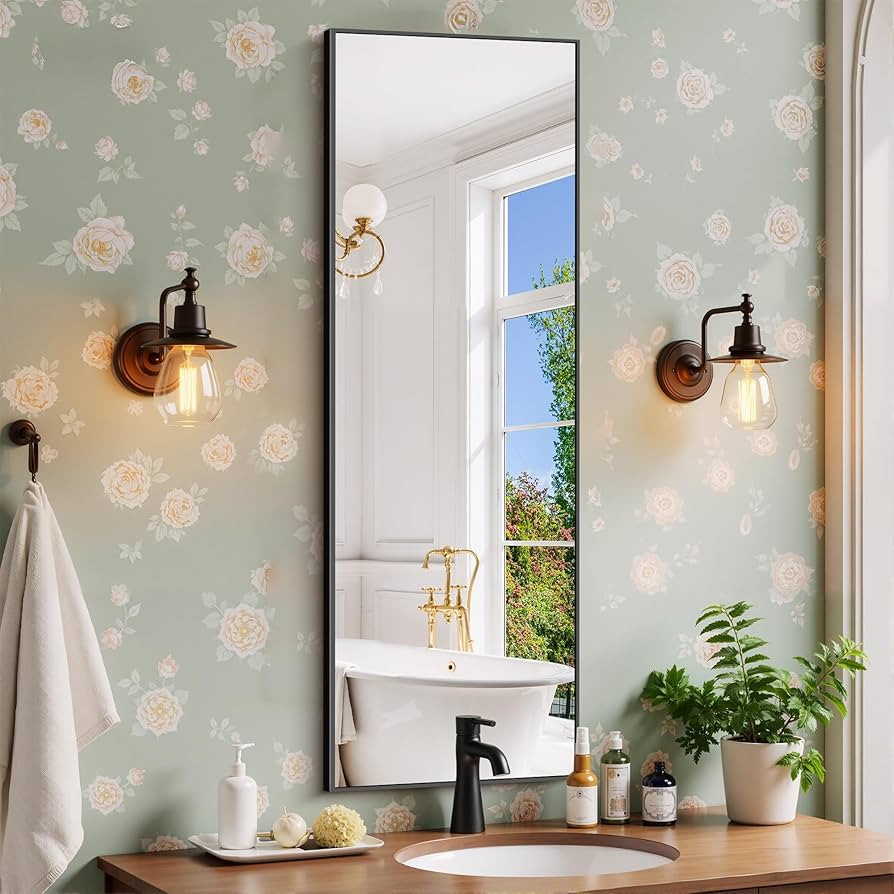 Black Bathroom Mirror for Wall, 16x48 Inch Rectangle Mirror with Metal Frame, Modern Vanity Mirro... | Amazon (US)