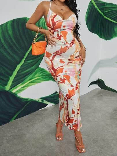 SHEIN SXY Tie Dye Lace Up Backless Split Thigh Dress | SHEIN