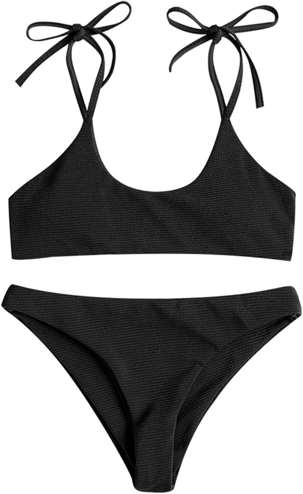 ZAFUL Women's Sexy Tie Shoulders Ribbed Bikini Set Padded Strap Triangle Swimsuit | Amazon (US)
