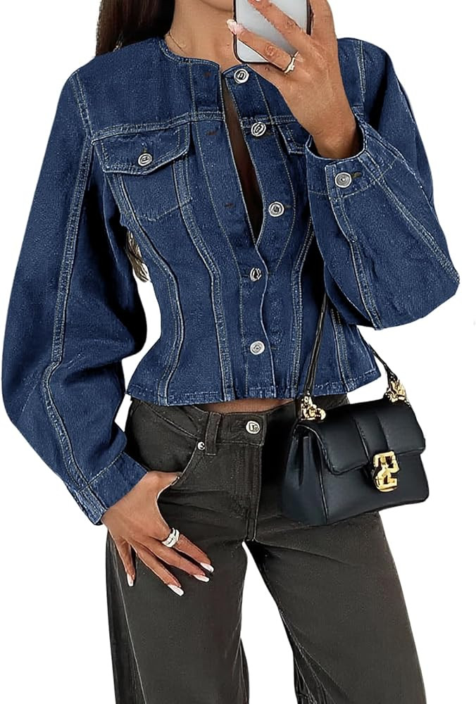 Tankaneo Womens Cropped Jean Jacket Trendy Crewneck Button Down Short Denim Jacket Y2k Slim Fit C... | Amazon (US)