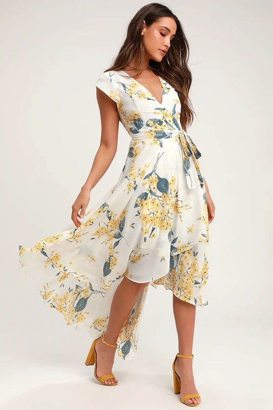 French Countryside White and Yellow Floral Print High-Low Dress | Lulus