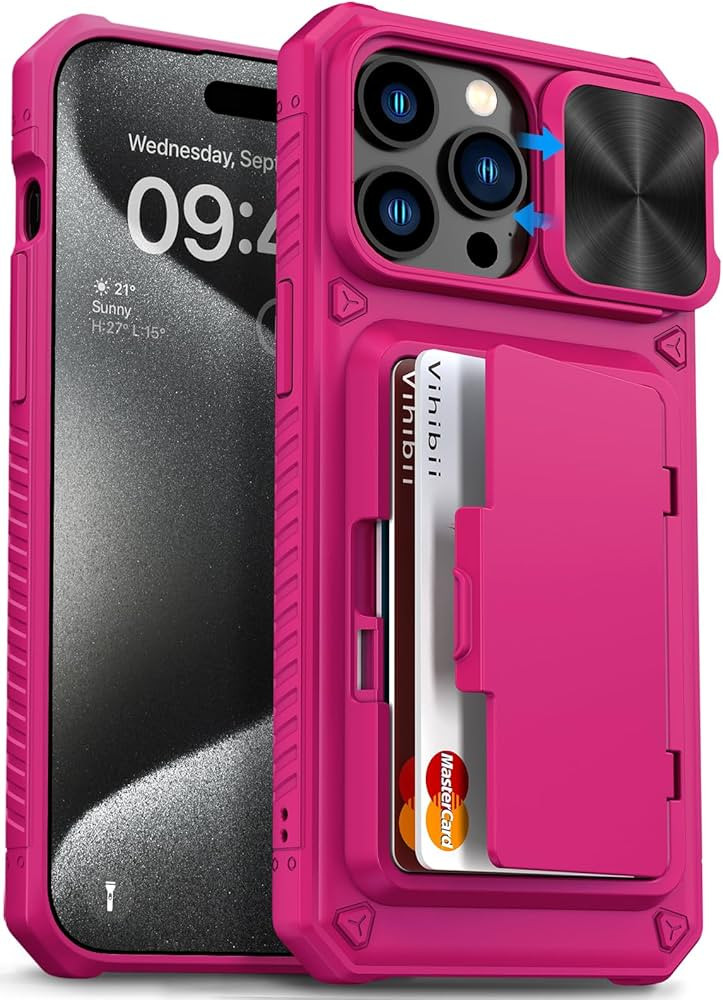 Vihibii for iPhone 15 Pro Max Case with Card Holder (4 Cards) & Slide Camera Cover & Kickstand, M... | Amazon (US)