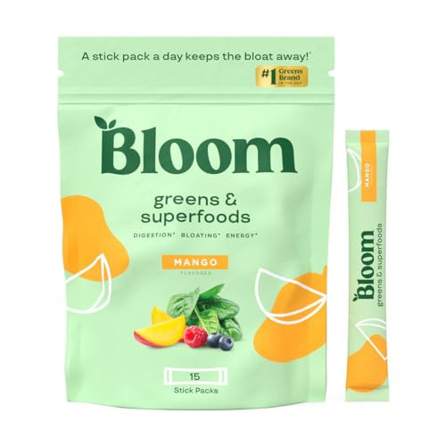 Bloom Nutrition Superfood Greens Powder Stick Packs, Digestive Enzymes with Probiotics and Prebiotics, Gut Health, Bloating Relief for Women, Chlorella, Green Juice Mix, 15 SVG, Mango | Amazon (US)