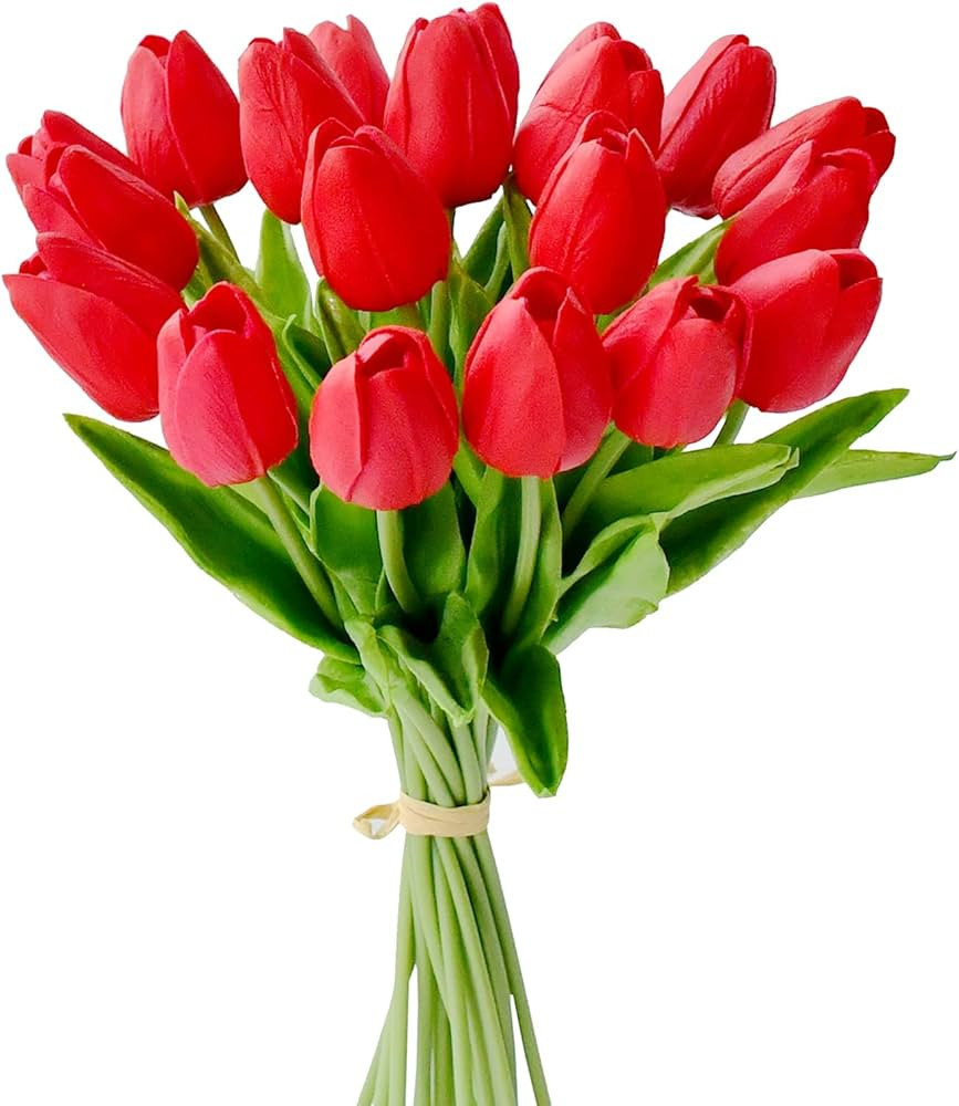Mandy's Artificial Tulips 20 Stems Red PU Faux Flowers for Wedding Home Decor 13.5 Inch | Amazon (US)