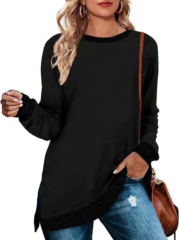 WEESO Women's Long Sleeve Sweatshirts Color Block Crewneck Sweaters Tunic Tops | Amazon (US)