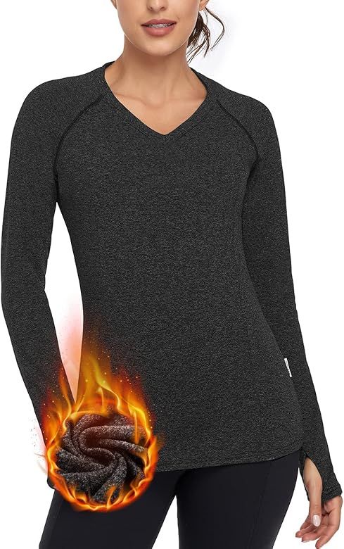 Soneven Women's Thermal Fleece Running Shirts Compression Shirts Quick Dry Workout Pullover Tops wit | Amazon (US)