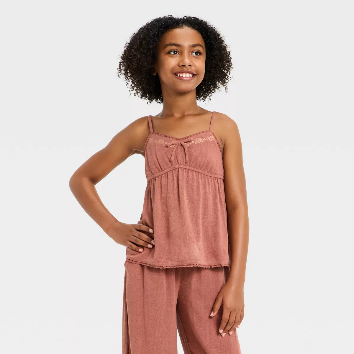 Girls' Babydoll Tank Top with Embroidered Trim - art class™ Brown S | Target