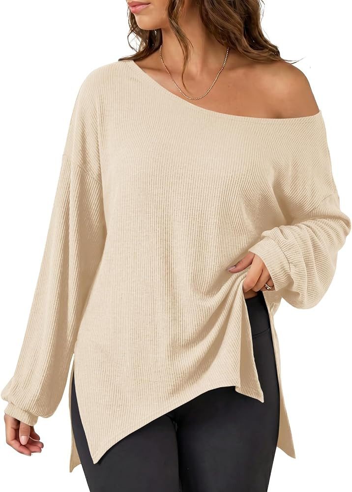 Fisoew Womens Off the Shoulder Tops Oversized Long Sleeve Ribbed Knit Pullover Sweatshirts Casual... | Amazon (US)