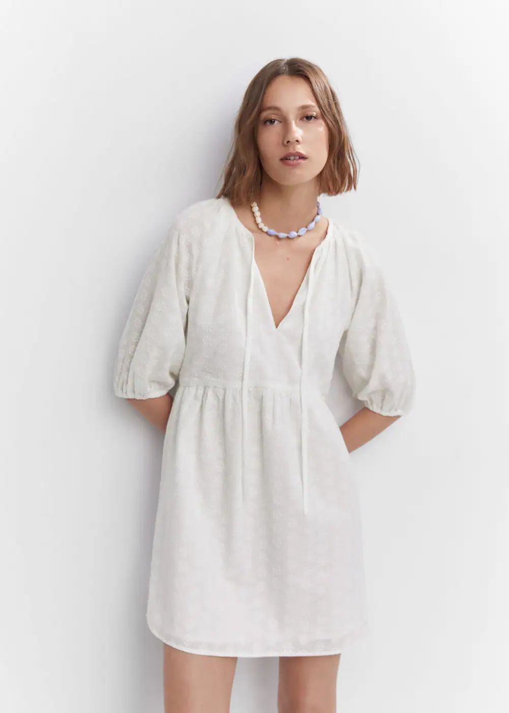 Embroidered dress with puffed sleeves | MANGO (US)