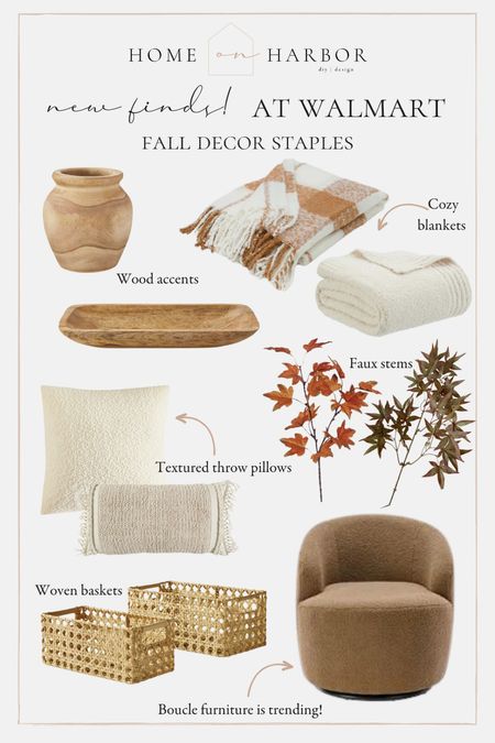 Fall decor staples from Walmart: wood accents, faux stems, plaid blanket, soft throw, textured throw pillows, woven baskets, boucle chair 

#LTKstyletip #LTKhome #LTKSeasonal