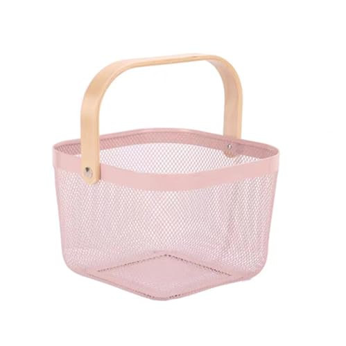 AJIODA Metal Mesh Wire Basket, Small Steel Basket with Wooden Handle Storage Organizer Basket Multi-functional Hanging Kitchen Baskets Fruit Baskets for Kitchen Bathroom Cabinet Pantry Snacks, Pink | Amazon (US)