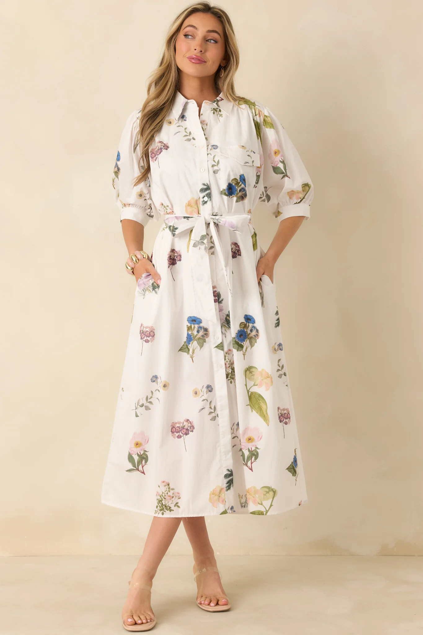 Garden Afternoon Ivory Multi Cotton Floral Print Button Front Belt Tie Midi Dress | Red Dress