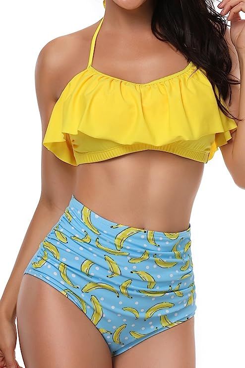 Heat Move Women Retro Flounce High Waisted Bikini Halter Neck Two Piece Swimsuit | Amazon (US)