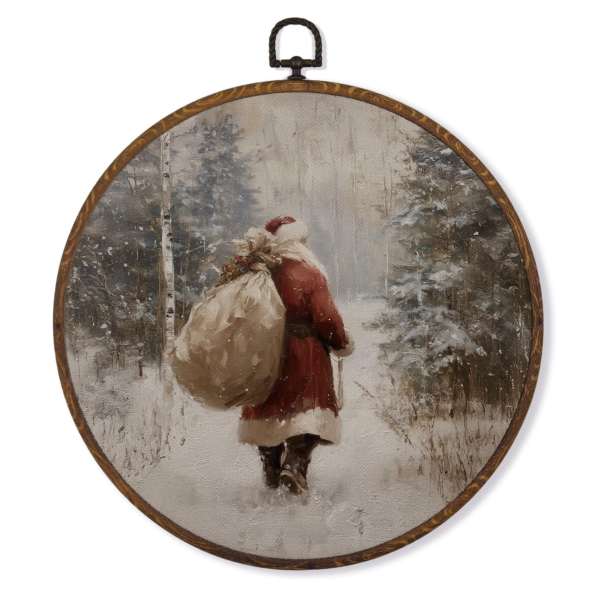 MOTERMATE Vintage Christmas Santa Wall Art Decor Round Framed, Rustic Christmas Canvas Wall Art A... | Amazon (US)