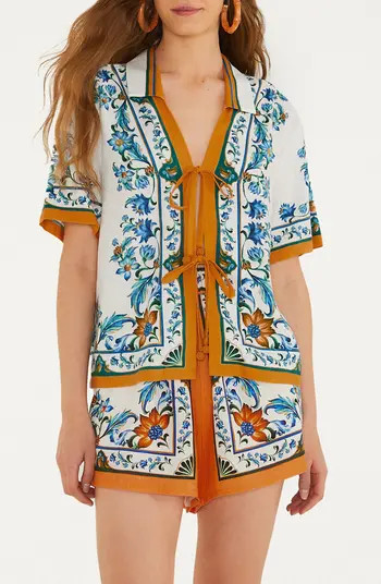 Flora Tile Print Linen Blend Cover-Up Top | Nordstrom