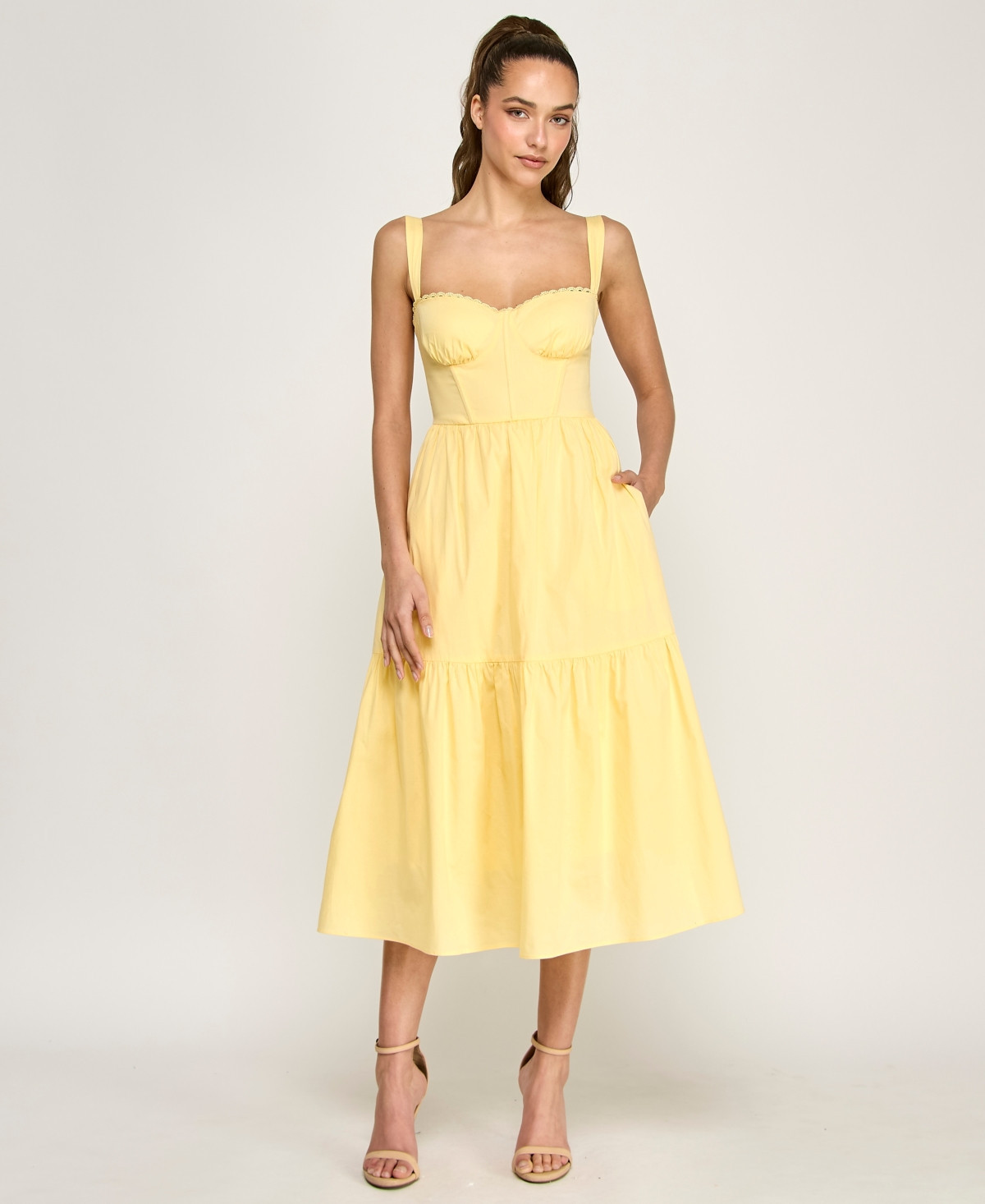Alex & Sophia Juniors' Sweetheart Neck Tiered Poplin Midi Dress - Butter Yellow | Macy's