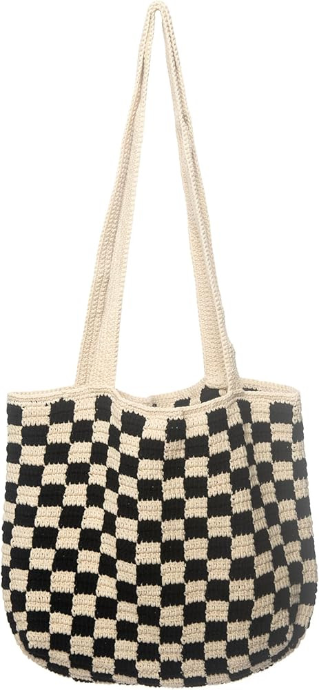 Handmade Checkered Pattern Crochet Tote Bag, Aesthetic Hobo Shoulder Crochet Beach Bag | Amazon (US)