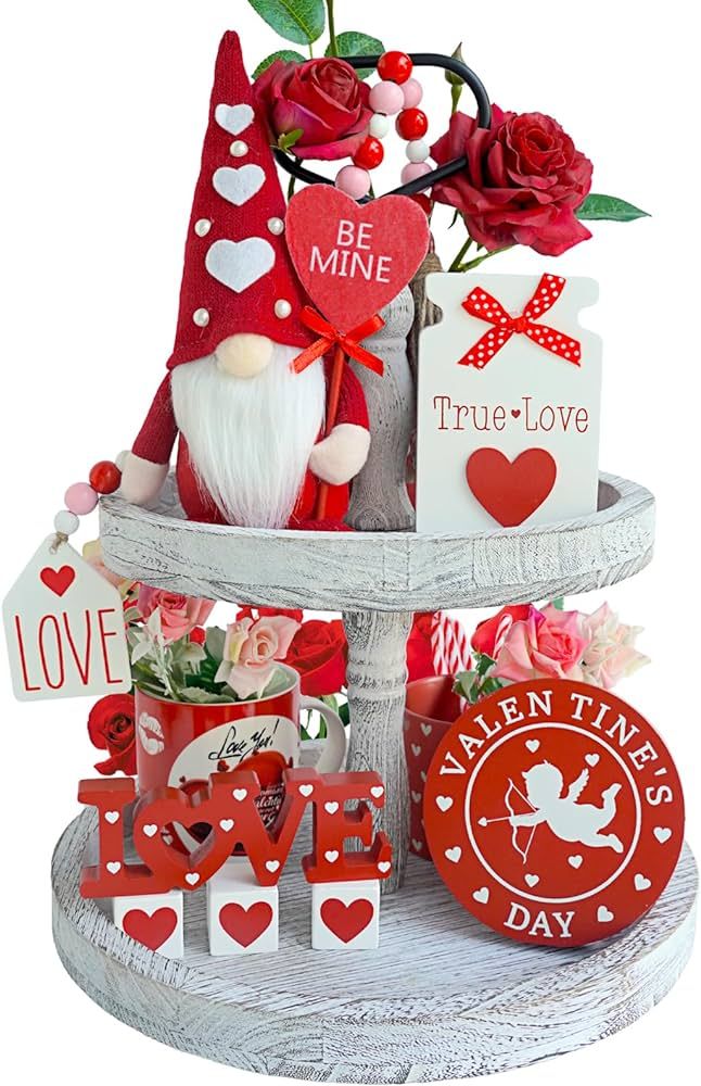 KnomeKo Valentines Day Tiered Tray Decor - 7 Pcs Valentine Gnomes Plush Valentine Love Wood Signs... | Amazon (US)