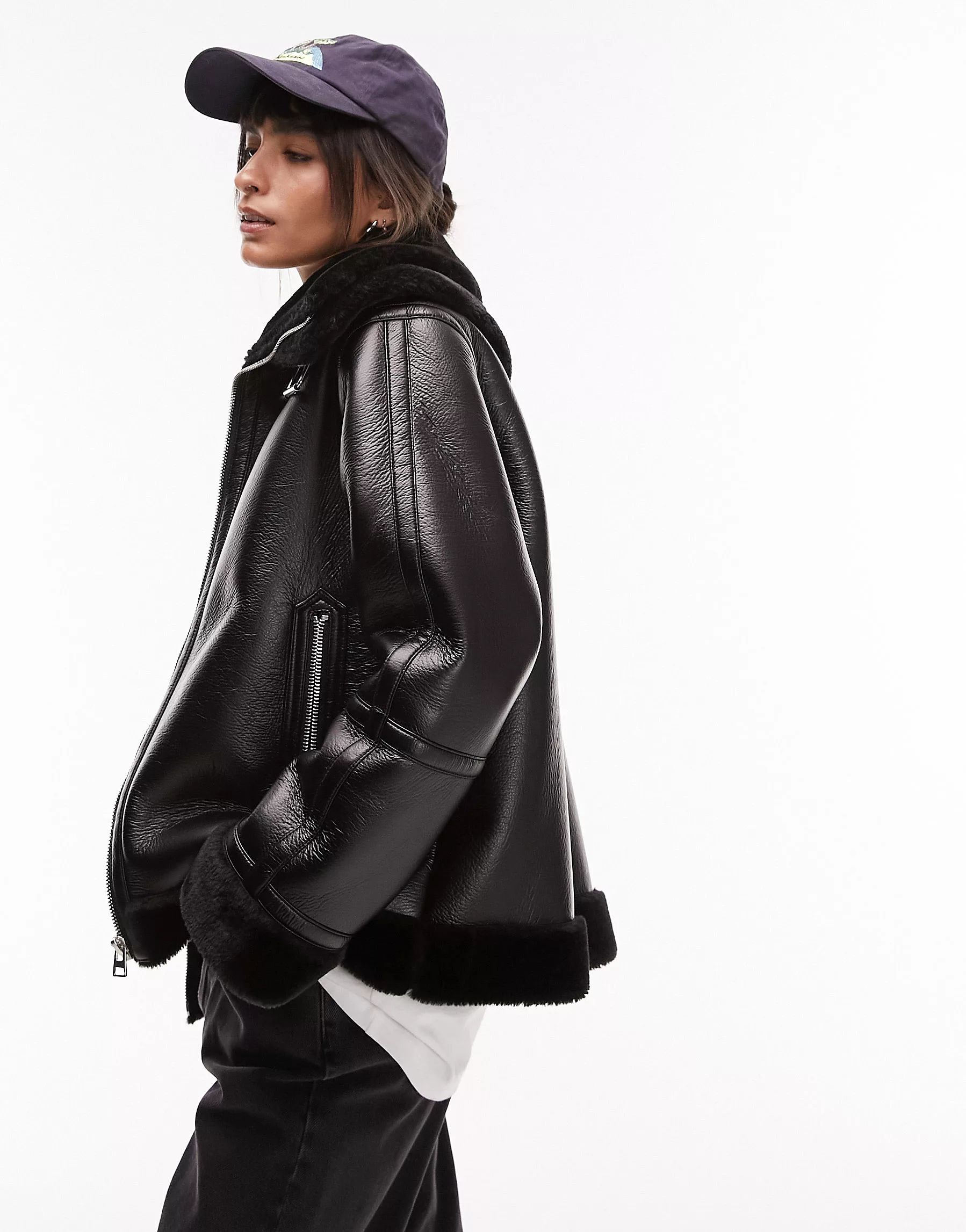 Topshop faux leather shearling zip front oversized aviator jacket with double collar detail in bl... | ASOS (Global)