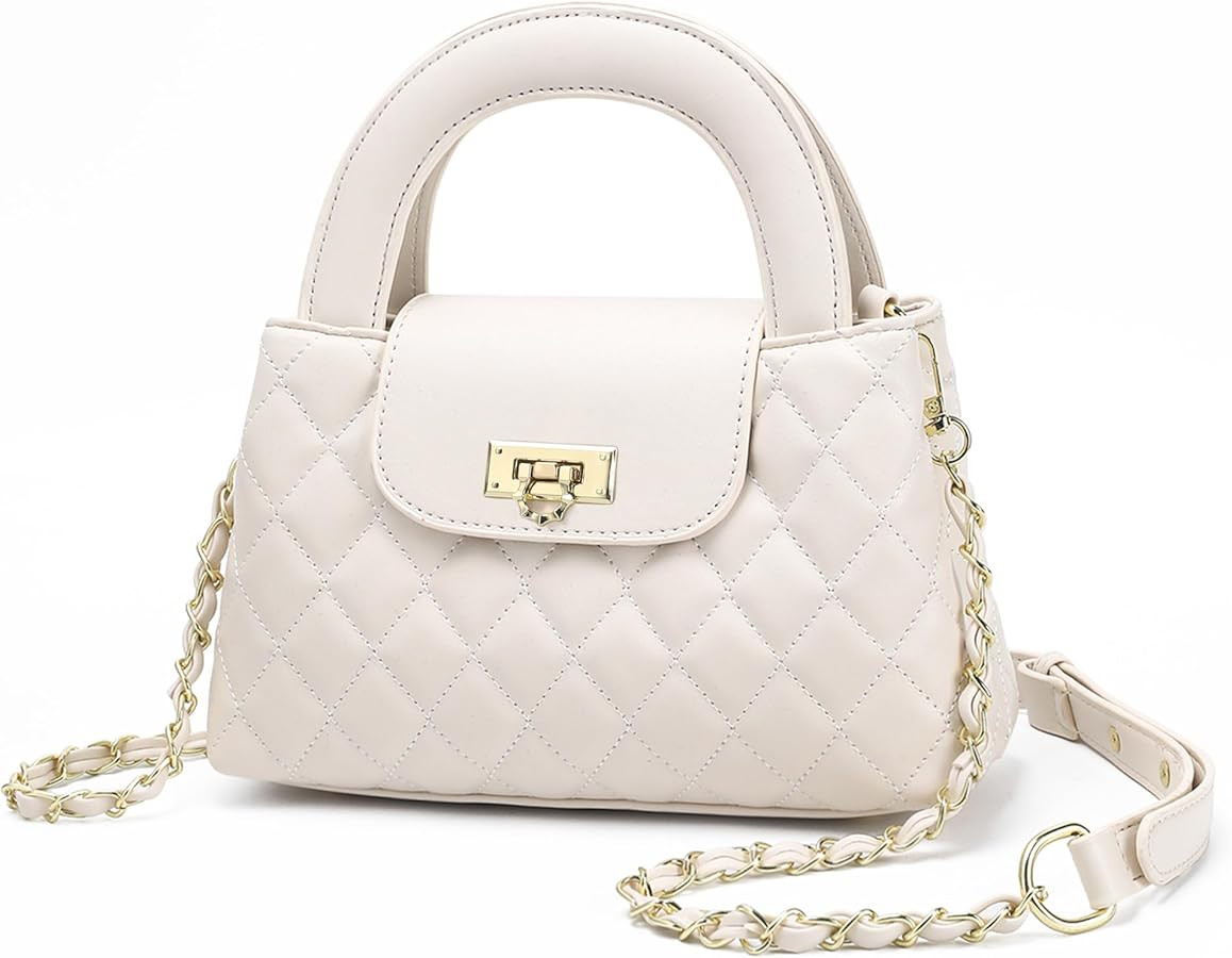 Small Quilted Crossbody Purse for Women, Faux Leather Top Handle Bag with Chain Strap, Elegant Mi... | Amazon (US)