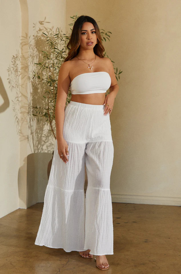 Miss Lola | Hazel Boho High Waist Pant White | MISS LOLA
