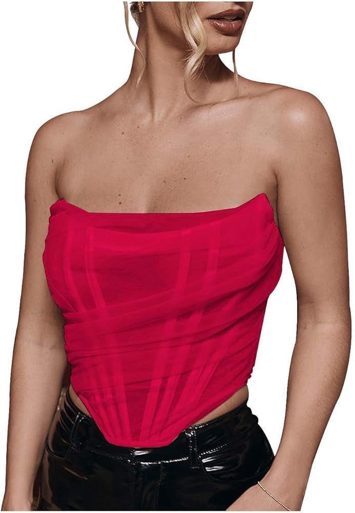 Amazon.com: L'VOW Women's Strapless Boned Mesh Overbust Bustier Corset Zip Back Crop Top (Red, Me... | Amazon (US)