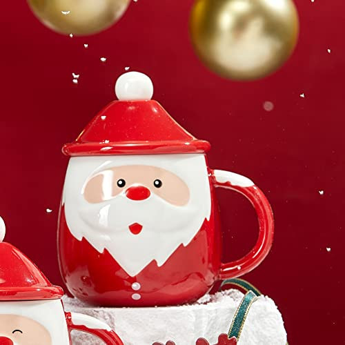 Santa Claus Christmas Festive Happy Face Mug with Spoon & Santa Hat Lid - Ceramic Microwave & Dishwasher Safe - 14oz Holiday Mugs for Coffee, Hot Chocolate, Eggnog - Merry Christmas, Thanksgiving | Amazon (US)