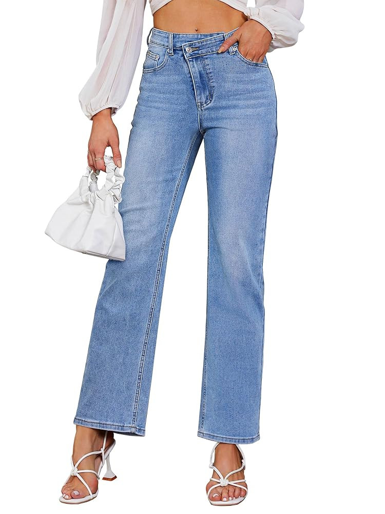 Genleck Women's Blue High Waisted Crossover Jeans - Wide Leg, Stretchable, Casual Denim Pants | Amazon (US)