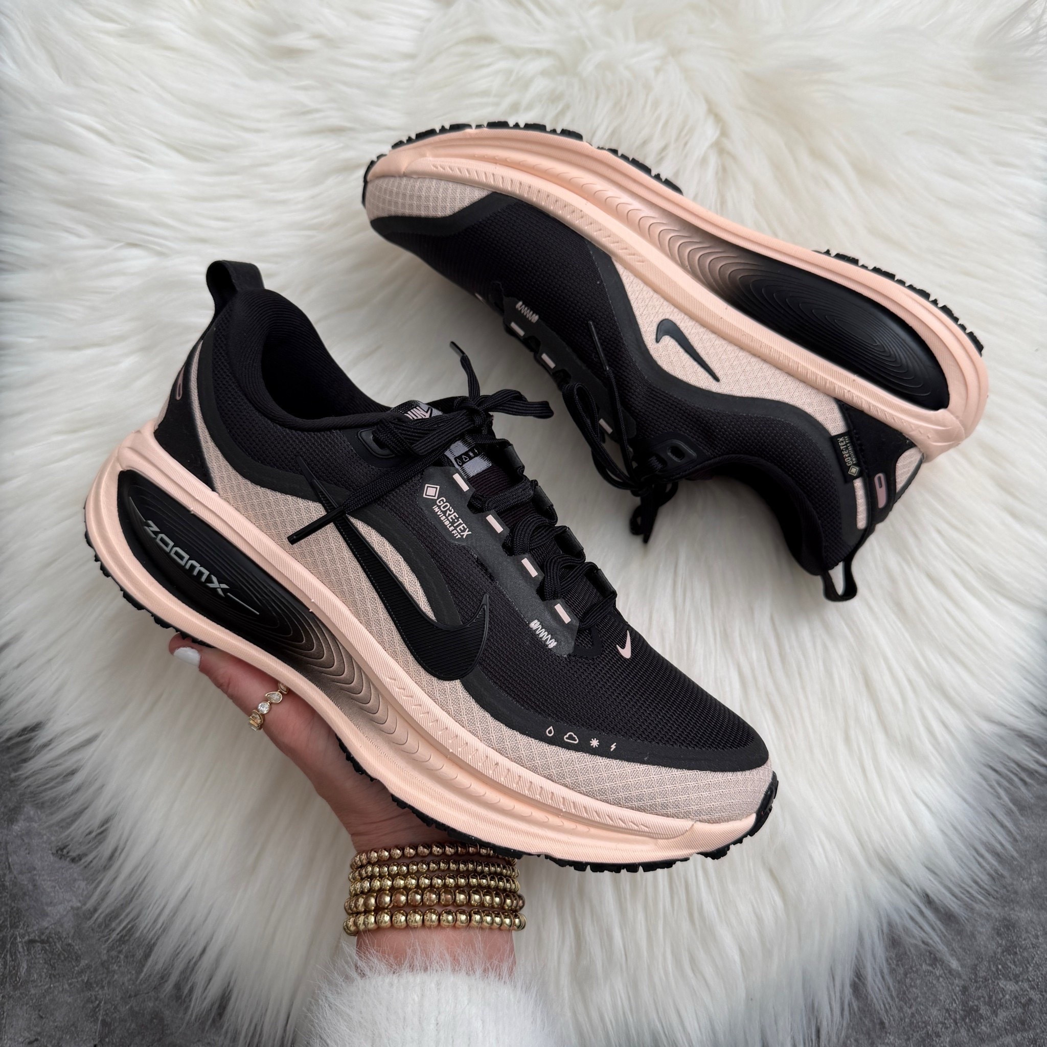 Woman’s Nike Vomero 18 GTX Gore-Tex Waterpoof Running Shoe. Comes in 3 colors, runs true to size. 