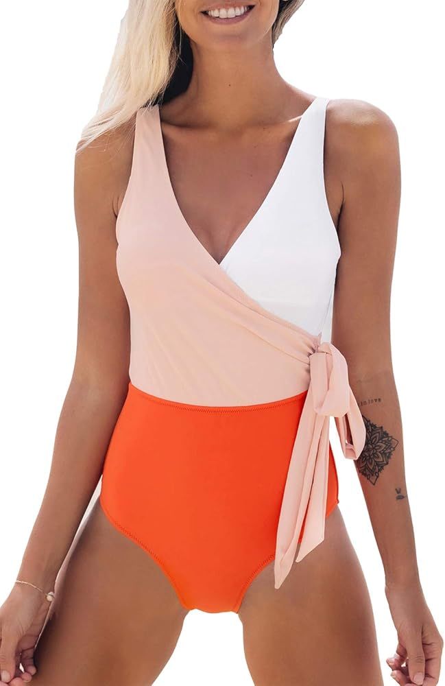 Women's Orange White Bowknot Bathing Suit Padded One Piece Swimsuit | Amazon (US)