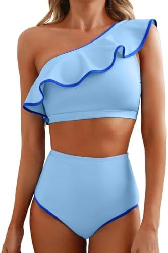 Herseas Women's One Shoulder Bikini Sets Color Block Trim Ruffle Hem Swimsuits Elegant Bathing Su... | Amazon (US)