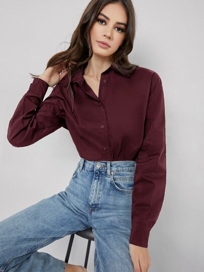 SHEIN Single Breasted Fold Pleated Back Blouse | SHEIN