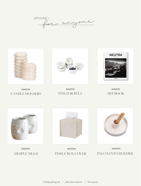 Holiday Gift Guide - For Anyone. We all have a few people in our lives that are hard to shop for or seem to have everything. So here’s a little list of something that’s sure to be a hit. Marble taper candles, handmade ceramic pinch bowls and simple mug, pall santo holder, designer inspired tissue box cover and an architectural coffee table book from the works of Richard Neutra.

#LTKGiftGuide #LTKhome #LTKHoliday