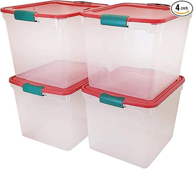HOMZ 31-Quart Medium Holiday Clear Stackable Organizer Plastic Storage Container with Red Tight L... | Amazon (US)