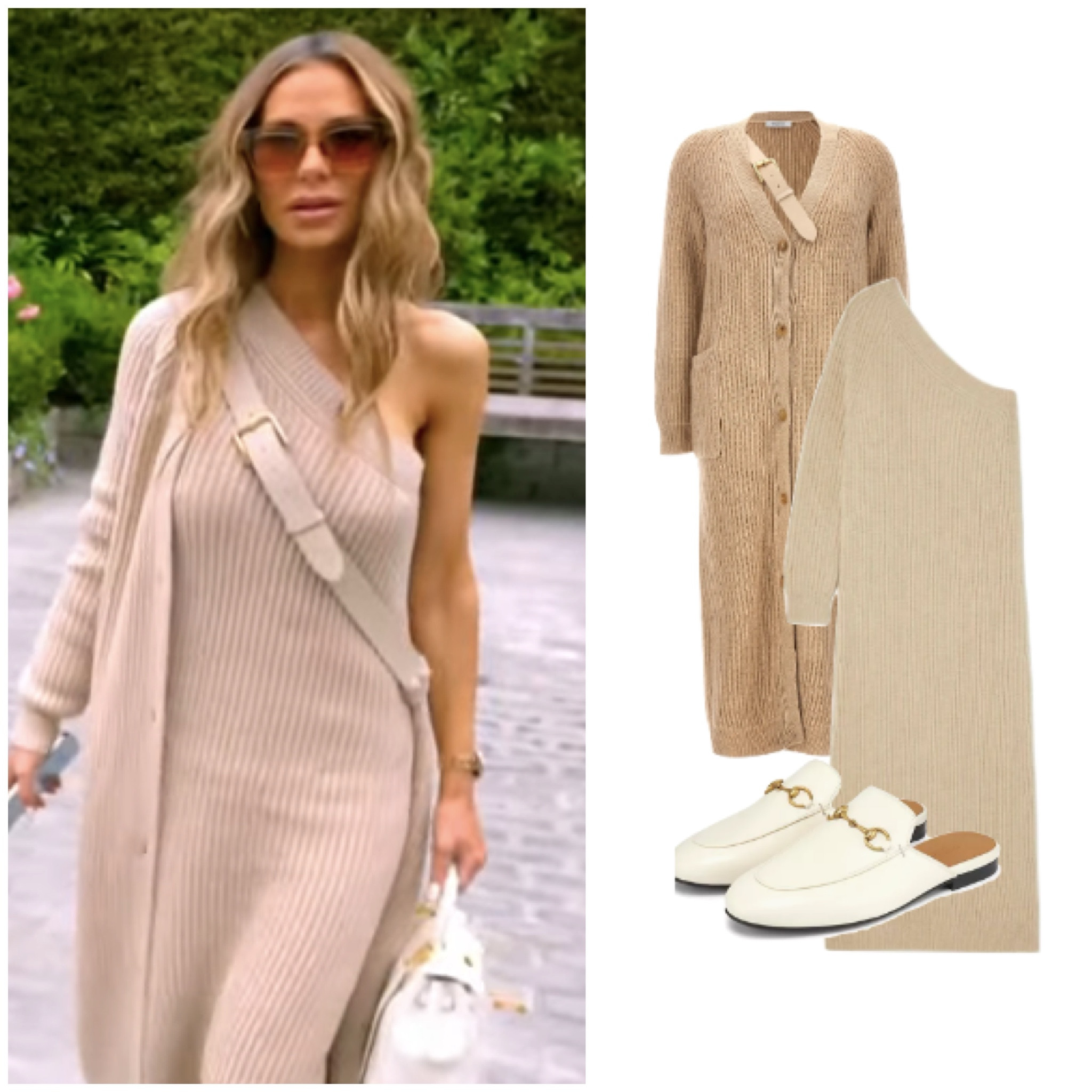 Dorit Kemsley’s Tan One Sleeve Sweater Dress, Cardigan and White Mules